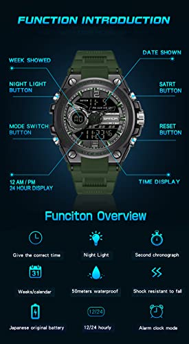 KXAITO Men's Watches Sports Outdoor Waterproof Military Watch Date Multi Function Tactics LED Alarm Stopwatch - color: 6092_Green
