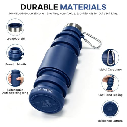 Nefeeko Collapsible Water Bottle, Reuseable BPA Free Silicone Water Bottles - color: Navy Blue-18oz