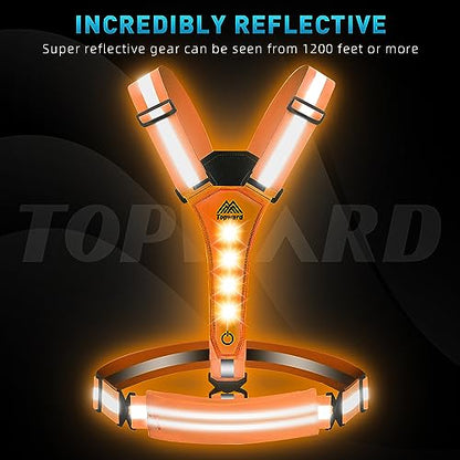 Topward LED Reflective Vest Running Gear, USB-C Rechargeable, Light Up Lights for Night Dog Walking Cycling, Running Phone Holder Vest for Runners, High Visibility with Adjustable Waist/Shoulder - color: orange