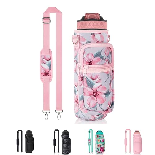 Water Bottle Sling Bag with Storage Pockets & Strap for Hiking Gym Walking - color: Flower Pink 05, size: 32oz Long