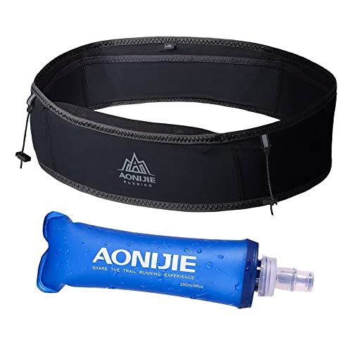 AONIJIE Running Belt Fanny Pack with 250ml Soft Water Bottle Flask for Women Men, Moisture Wicking Waist Pack Great for Marathon Climbing Jogging Cycling, for 6.8in Mobile Phone (Full Black: L/XL) - color: Full Black: L/XL