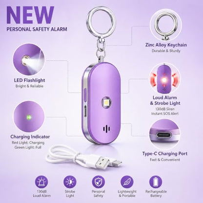 Personal Safety Alarm for Women, 130dB Rechargeable Keychain Alarm with Bluetooth SOS Alerts, Dual Speakers, Strobe Light, Low Battery Reminder, USB-C Emergency Siren for Travel(Purple) - color: Purple