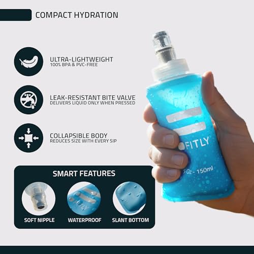 FITLY FLASKS Combo - 3 Handheld Soft Flask, Collapsible Water Bottles for Running, Marathon, Hiking, Cycling (5 oz, 8.5 oz, 13.5 oz / 150-250-400 ml) - color: Blue, style: Sporty