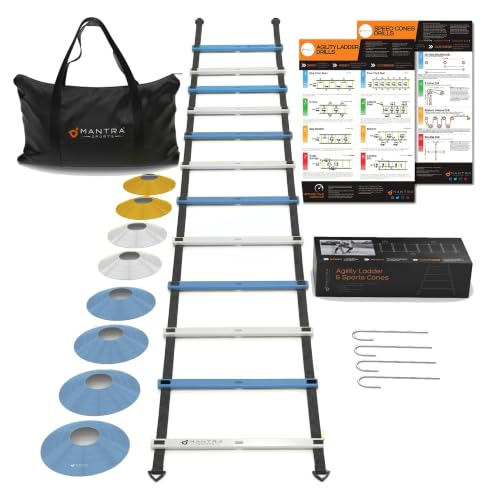 Agility Ladder Set, 12-Rung Speed Ladder + Training Cones, Soccer Training Equipment, Footwork Drills Kit, Speed & Agility Equipment, Football Practice Equipment, Basketball Gear - color: Sky Blue, White and Gold