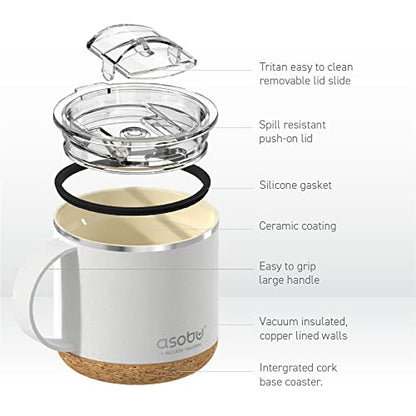 asobu Infinite Stainless Steel Insulated Coffee Mug with Inner Ceramic Coating and Cork Coaster 16 Ounce (White) - color: White, style: INFINITE MUG