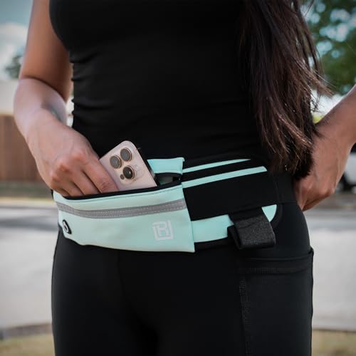 Slim Running Belt for Women & Men – Waterproof Waist Pack for Jogging, Hiking & Gym – Workout Belt Bag with Reflective Strip & Phone Holder - color: Light Blue
