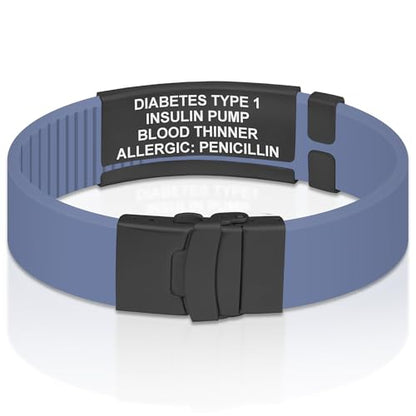 Divoti Custom Dual-Sided Engraved Silicone Medical Alert ID Wristband w/Security Clasp & Trim-to-Fit Band - Style - color: Carmella Blue / PVD Black / White, size: Band Width - 19mm