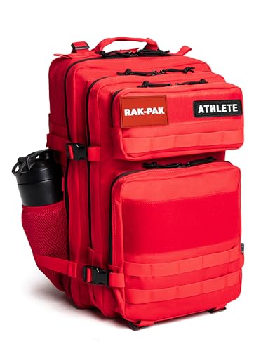45L Tactical Gym Backpack with 2 Patch Panels, MOLLE System, Dual Bottle Holders & Clamshell Opening (RED) - color: Red