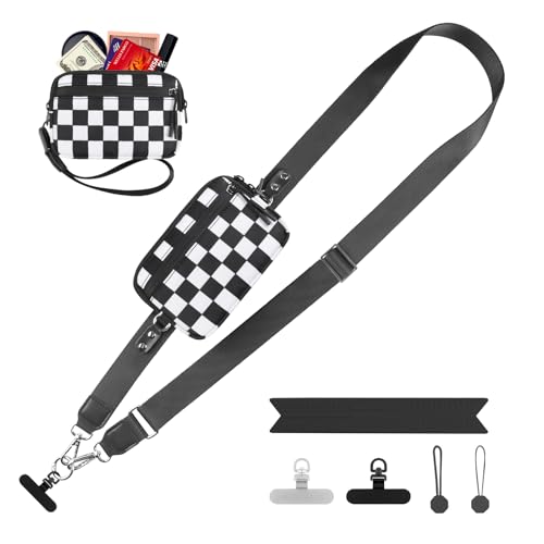 YFWE Clip and Go Strap for Phone with Wallet Crossbody, Adjustable Phone Lanyard with Detachable RFID Wristlet Wallet, Phone Strap with Phone Tabs for All Phones, Black Checkered (M) - color: Black Checkered, size: Medium