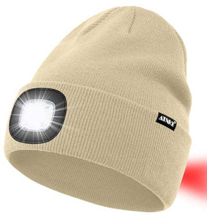 ATNKE LED Lighted Beanie Hat,USB Rechargeable 8 LED Red Glow Flashing Alarm Running Headlamp Cap Gifts for Men and Women - color: #Beige