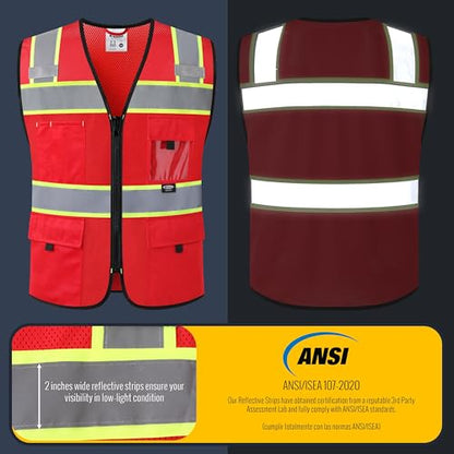 JKSafety Safety Vest for Men Women Hi Vis Relfective Vest with Pockets High Visibility Meet ANSI Standard - color: 331-red, size: Medium