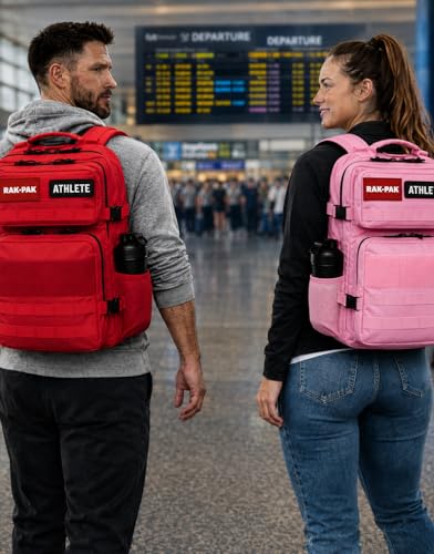 45L Tactical Gym Backpack with 2 Patch Panels, MOLLE System, Dual Bottle Holders & Clamshell Opening (RED) - color: Red