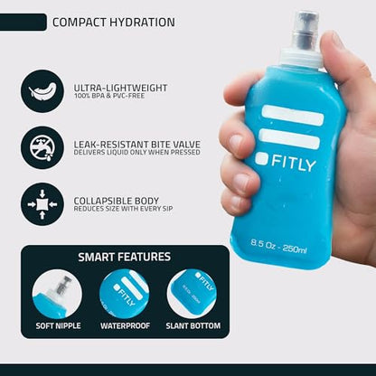 FITLY Soft Flask 8.5 oz 250ml (2 Pack), Collapsible Running Water Bottles for Hydration Pack and Running Vest, BPA Free Soft Water Bottles with Bite Valve for Hiking, Cycling & Skiing - Black & Blue