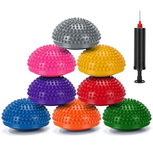 Lewtemi 8 Pcs Balance Pods 6.1 x 3.9 Inches Inflatable Stability Balance Trainer Dots Half Fitness Ball Dome for Men Women Stability Training Physical Core Strength Gym Home Exercise - style: Bumpy Hedgehog