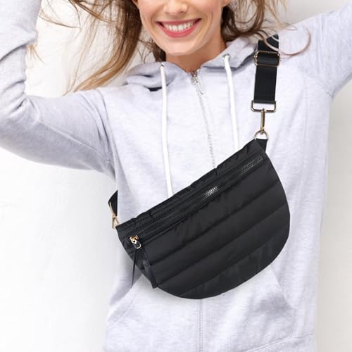 Quilted Crossbody Bags for Women Puffer Fanny Pack Sling Bag Puffy Chest Belt Bum Waist Crossbody Purse Bags Quilted Shoulder Bag for Women - color: BLACK