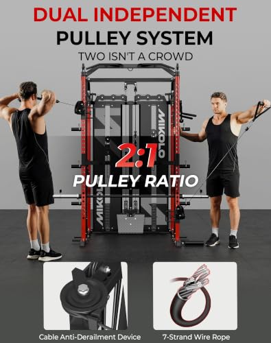 Mikolo Smith Machine with Weight Stack, Power Cage Home Gym System with LAT Pulldown & Cable Crossover, Multi-Functional Trainer with Dual Pulley System, Includes 10+ Free Attachments - color: Red