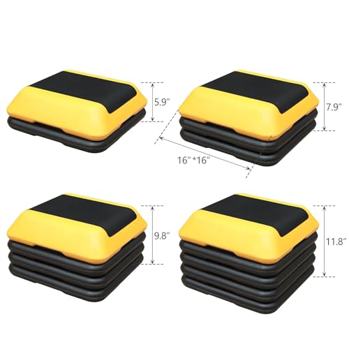 GOWE Height-Adjustable Step Aerobics Platform Fitness Equipment Stepper Trainer Exercise Step Platform with 4 Riser Yellow