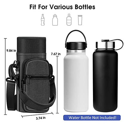 CaseBot Water Bottle Carrier Bag Sling Case, Sports Water Bottle Pouch Holder Sleeve with Adjustable Shoulder Hand Strap and 2 Pockets for Men Women Hiking Camping Travelling - color: Black