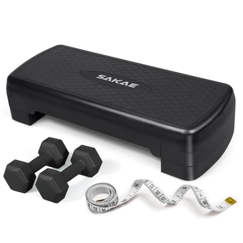 Adjustable Height Aerobic Stepper Set, Multiple Bundle Options with Dumbbells, Kettlebell, Waist Trimmer, Ankle Weights or Weighted Vest, Workout Exercise Step Platform w/Level Risers, 4 Colors - color: Black, size: a. W/ Dumbbells