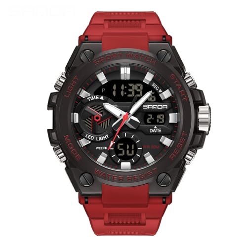 AIMES Men's Watches Sports Outdoor Waterproof Military Watch LED Date Alarm Stopwatch Multi-Function Tactics Big Face Wristwatch for Men - color: 3311-Red