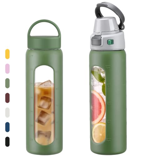 MUKOKO 24oz Glass Water Bottle with Straw, 2 Lids-Staw Lid and Screw Handle Lid, Reusable Drinking Bottle with Time Marker for Sports and Home, Olive - color: Olive, size: 24 Ounces
