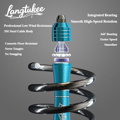 LANGETUKEE Speed Jump Rope - Professional Aluminum Alloy Skipping Rope with 360° Bearings - Adjustable 4mm Steel Cable for Double Unders, Boxing, MMA, HIIT & Cardio Training - Anti-Slip Grip - color: Blue