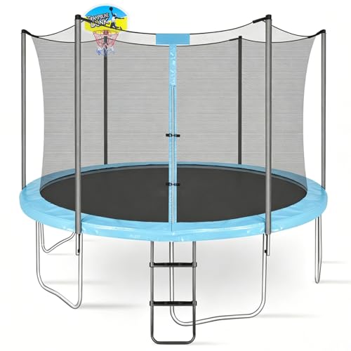 Trampoline Basketball Hoop, Universal Trampoline Accessories, Fits Straight Pole & Curved Pole, Upgraded Basketball Hoop for Trampoline with 2 Mini Ball, Pump and Protective Net
