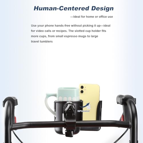 WHLICKS 2-in-1 Walker Cup Holder with Reversible Phone Holder，Fit for Wheelchair, Rollator, Scooter, Bike, Mobility, Camper, Stroller with Sturdy,Rotatable,Adjustable and Anti - Slip Clip - size: Reversible