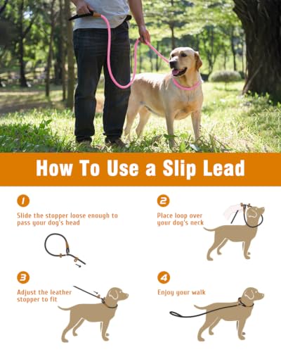 Dog Leash Slip Lead Braided Rope Pet Training Loop Leashes 5ft 6ft 8ft - color: Pink