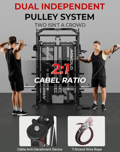 Mikolo Smith Machine with Weight Stack, Power Cage Home Gym System with LAT Pulldown & Cable Crossover, Multi-Functional Trainer with Dual Pulley System, Includes 10+ Free Attachments - color: Black