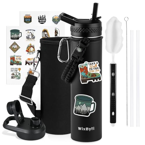 WixByti 24 oz Insulated Water Bottle with Straw, Stainless Steel Water Jug - color: Black, size: 24 Ounces