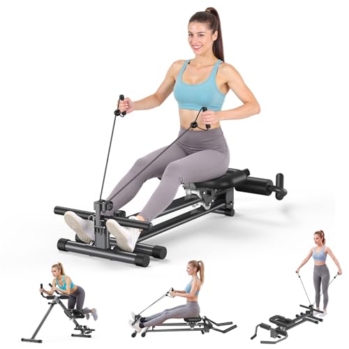 Ab Machine and Rowing Machine, 4 in 1 Rowing Machines for Home with 2 Adjustable Inclined Angles, Quiet & Foldable Rower Machine,Row Machine for Home