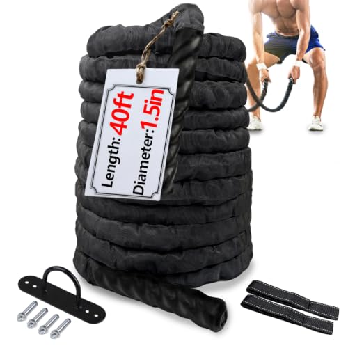 1.5 Inch 40ft Heavy Weighted Training Exercise Ropes Fitness Equipment with Sleeve and Anchor Strap Kit for Outdoor Working Out,Battle Rope for Home Gym Workout.