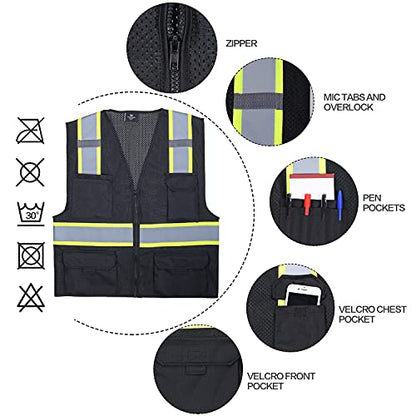 VENDACE Hi Vis Safety Reflective Mesh Vest for Men ANSI Class 2 High Visibility Vest with 8 Pockets and Zipper - color: Black, size: XX-Large
