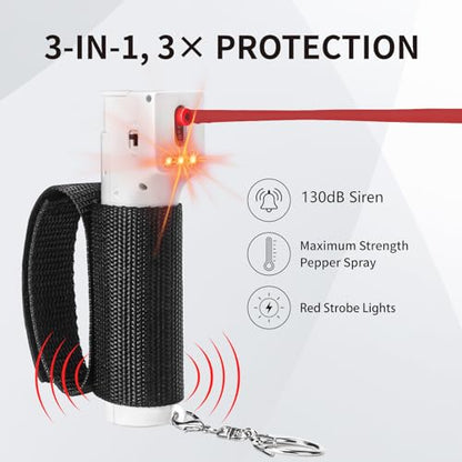 Personal Safety Alarm with Wrist Strap – Pepper Gel Spray with Replaceable Canister, 130dB Siren, Red Strobe Lights, Rechargeable Battery, Self Defense Keychain for Women - color: White