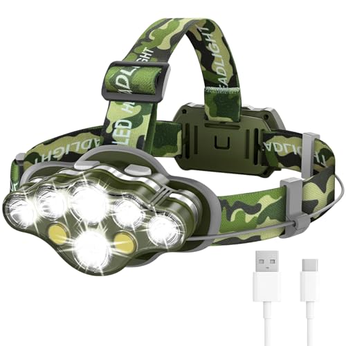 MIOISY 8 Led Headlamp Rechargeable, Super Bright Headlight Flashlight Green - color: Camouflage green