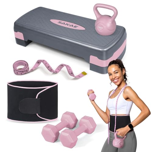 Adjustable Height Aerobic Stepper Set, Multiple Bundle Options with Dumbbells, Kettlebell, Waist Trimmer, Ankle Weights or Weighted Vest, Workout Exercise Step Platform w/Level Risers, 4 Colors - color: Pink Grey, size: f. W/ Dumbbells & Kettlebell & Wais