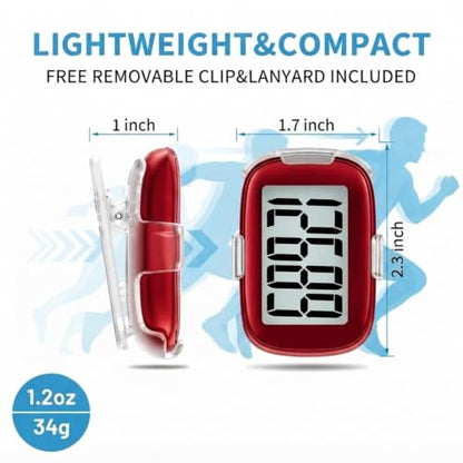 3D Pedometer for Walking, Simple Step Counter with Clip & Lanyard -Ruby Red