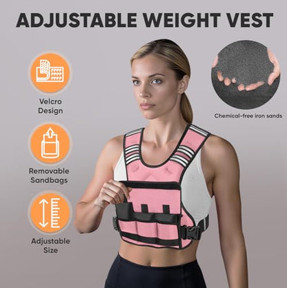APEXUP Adjustable Weighted Vest, 4-10lb/12-18lb/20-32lb Vest with 6 Ironsand Weights and Large Pocket, Weight Vest for Men Women Strength Training, Running, Walking - color: Pastel Pink, size: 12-18lbs