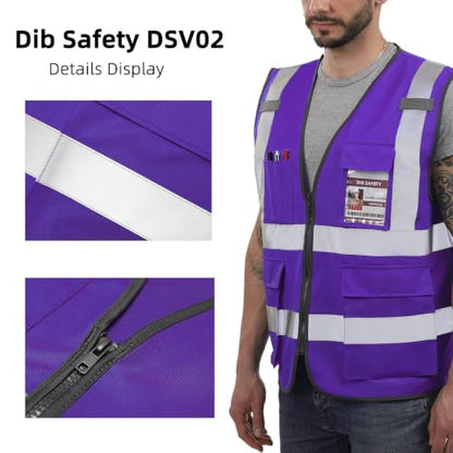 Dib Safety Hi Vis Reflective Safety Vest for Men Women with Pockets Zipper - color: Purple, size: X-Large