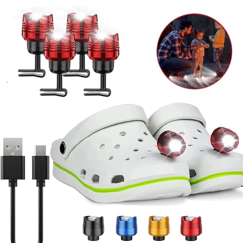 4 Pcs Rechargable Metal Red Headlights for Shoes, Outdoor Waterproof LED Flashlight, Clip on Crock Light Attachment Charm, Accessories for Camping, Cycling, Walking, 3 Light Modes, Last 72 Hour - color: Red, size: 4 PCS