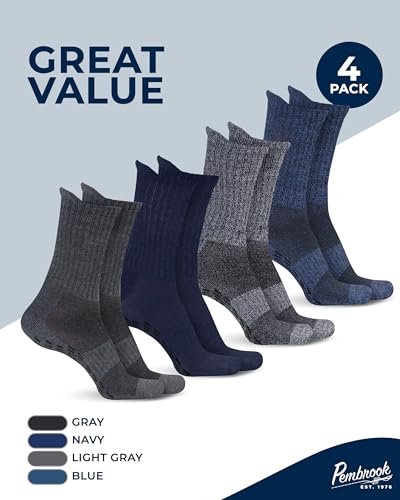 Pembrook Non Slip Crew Grip Socks Men & Women - 4 Pairs | Non Slip Socks for Elderly, Hospital, Pilates, Yoga, Barre, Home - color: Gray, Navy, Blue, Light Gray - 4 Pairs, size: X-Large