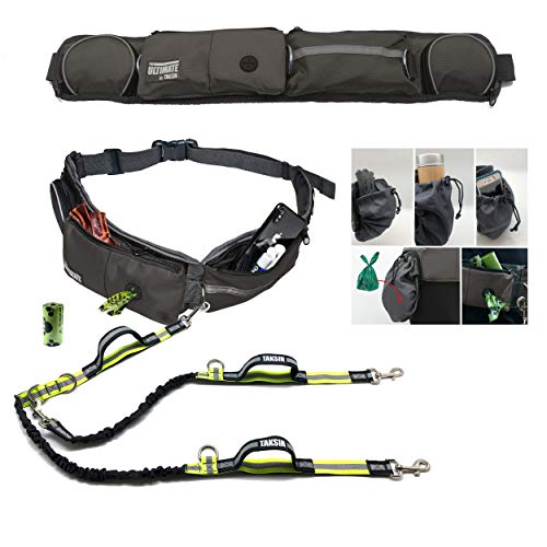 TAKSIN The Ultimate Hands Free Two Dogs Double Leash System for Walking Running Hiking Training, Reflective Bungee Leash, Treat Holder, Poop Bag Dispenser Small Medium Large Dogs (Grey Deluxe Pack) - color: Grey, size: Two Dogs