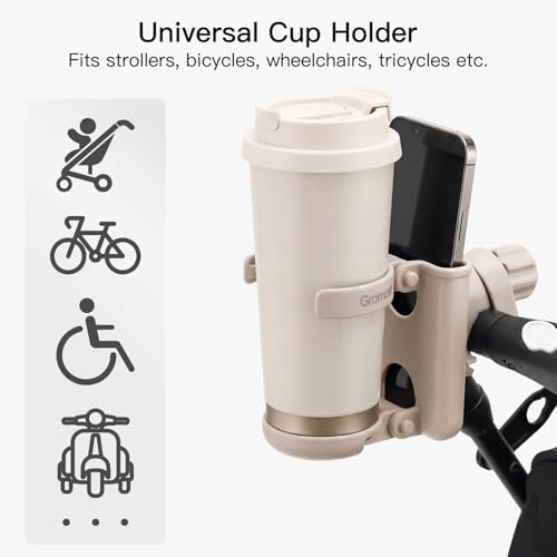 Gromast 2 in 1 Foldable Stroller Cup Holder + Phone Holder, 360°Rotatable with Adjustable Clip, Universal Cup Holder for Baby Stroller, Tricycle - Khaki - color: Khaki-2-in-1
