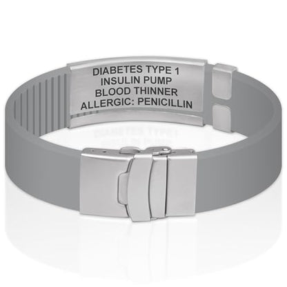 Divoti Custom Dual-Sided Engraved Silicone Medical Alert ID Wristband w/Security Clasp & Trim-to-Fit Band - Style - color: Concrete Gray / Brushed Stainless Silver / Red, size: Band Width - 19mm