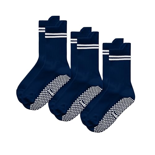 Joe & Bella Gripper Socks for Women and Men – 3-Pack Non-Skid Hospital Socks with Pull-On Aid - color: Navy, size: Medium