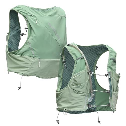 Nathan Hydration Vest 12L for Running & Hiking - Quick-Fit Adjustments, Breathable Mesh, 1.6L Insulated Bladder, Lightweight 8.8 oz, 6 Power Mesh Pockets, Diagonal Zip - Pinnacle Pro - size: Large, style: Sage Green