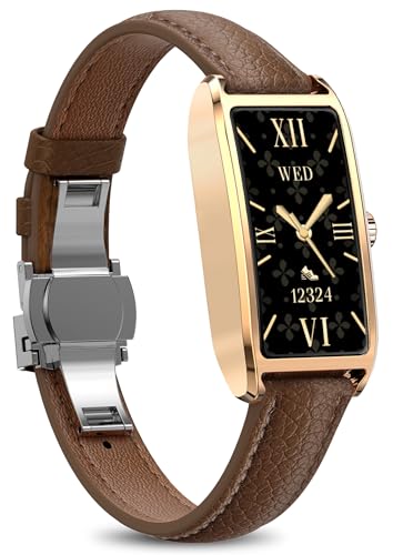 Elegant Smart Watch for Women AMOLED Fitness Tracker with Leather Band - color: Champagne Gold Maple