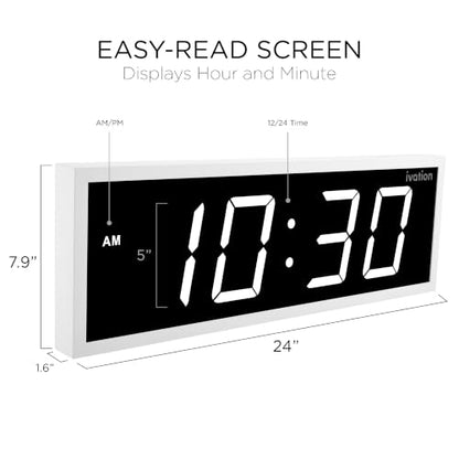 Ivation Large Digital Wall Clock with Big LED Display & Timer, 24" - color: White, size: 24" x 8"