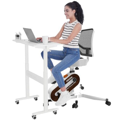 HitGo Ergonomic Office Chair with Exercise Bike, 330LBS Under-Desk Bike with 9-Level Height-Adjustable Seat, 8-Level Resistance, Rolling Wheels, Quiet Fitness for Home Office - color: White+White Desk
